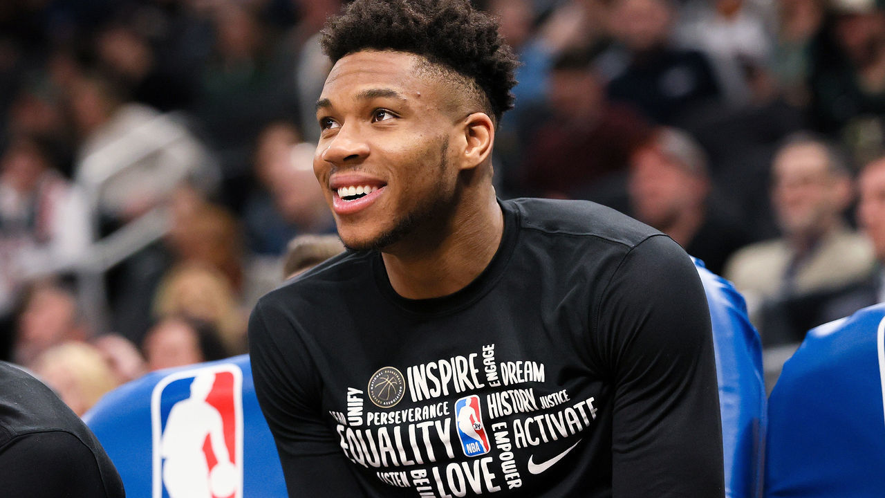 MILWAUKEE, WISCONSIN - FEBRUARY 28: Giannis Antetokounmpo #34 of the Milwaukee Bucks looks on from the bench in the fourth quarter against the Oklahoma City Thunder at the Fiserv Forum on February 28, 2020 in Milwaukee, Wisconsin.