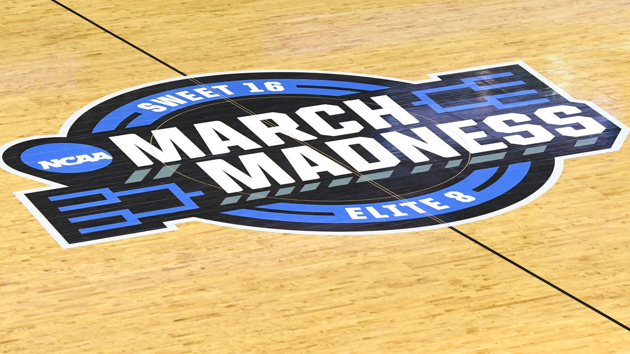 WASHINGTON, DC - MARCH 29: NCAA March Madness logo on the floor before the East Regional game of the 2019 NCAA Men's Basketball Tournament between the LSU Tigers and the Michigan State Spartans at Capital One Arena on March 29, 2019 in Washington, DC.