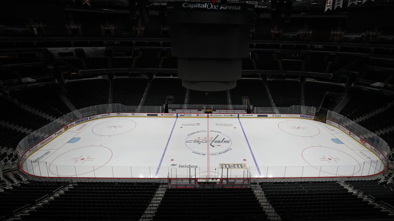 WASHINGTON, DC - MARCH 12: The ice and spectator seating is empty prior to the Detroit Red Wings playing against the Washington Capitals at Capital One Arena on March 12, 2020 in Washington, DC. Yesterday, the NBA suspended their season until further notice after a Utah Jazz player tested positive for the coronavirus (COVID-19). The NHL said per a release, that the uncertainty regarding next steps regarding the coronavirus, Clubs were advised not to conduct morning skates, practices or team meetings today.
