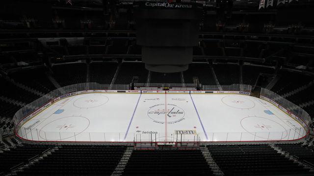 WASHINGTON, DC - MARCH 12: The ice and spectator seating is empty prior to the Detroit Red Wings playing against the Washington Capitals at Capital One Arena on March 12, 2020 in Washington, DC. Yesterday, the NBA suspended their season until further notice after a Utah Jazz player tested positive for the coronavirus (COVID-19). The NHL said per a release, that the uncertainty regarding next steps regarding the coronavirus, Clubs were advised not to conduct morning skates, practices or team meetings today.