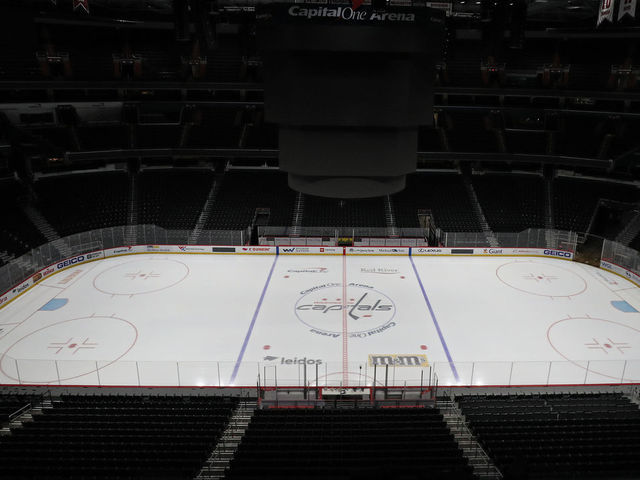 WASHINGTON, DC - MARCH 12: The ice and spectator seating is empty prior to the Detroit Red Wings playing against the Washington Capitals at Capital One Arena on March 12, 2020 in Washington, DC. Yesterday, the NBA suspended their season until further notice after a Utah Jazz player tested positive for the coronavirus (COVID-19). The NHL said per a release, that the uncertainty regarding next steps regarding the coronavirus, Clubs were advised not to conduct morning skates, practices or team meetings today.