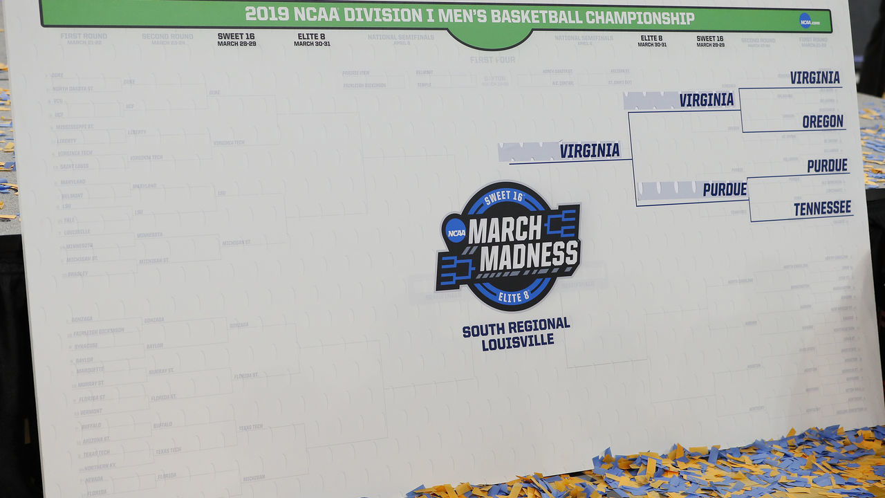 LOUISVILLE, KENTUCKY - MARCH 30: A detail of the South Region bracket after the Virginia Cavaliers defeated the Purdue Boilermakers 80-75 in overtime of the 2019 NCAA Men's Basketball Tournament South Regional to advance to the Final Four at KFC YUM! Center on March 30, 2019 in Louisville, Kentucky.