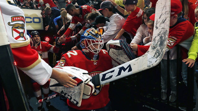 SUNRISE, FL - DECEMBER 28: Goaltender Sergei Bobrovsky #72 of the Florida Panthers is greeted by fans while heading out to the ice for warm ups prior to the start of their game against the Detroit Red Wings at the BB&T Center on December 28, 2019 in Sunrise, Florida.
