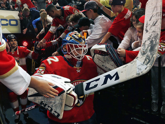 SUNRISE, FL - DECEMBER 28: Goaltender Sergei Bobrovsky #72 of the Florida Panthers is greeted by fans while heading out to the ice for warm ups prior to the start of their game against the Detroit Red Wings at the BB&T Center on December 28, 2019 in Sunrise, Florida.