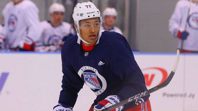 NEW YORK, NY - JUNE 29: New York Rangers Defenseman K'Andre Miller (79) skates during New York Rangers Prospect Development Camp on June 29, 2018 at the MSG Training Center in New York, NY.
