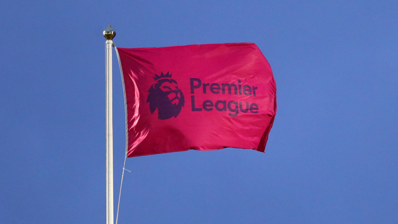 NORWICH, ENGLAND - FEBRUARY 15: The Premier League logo on a flag during the Premier League match between Norwich City and Liverpool FC at Carrow Road on February 15, 2020 in Norwich, United Kingdom.
