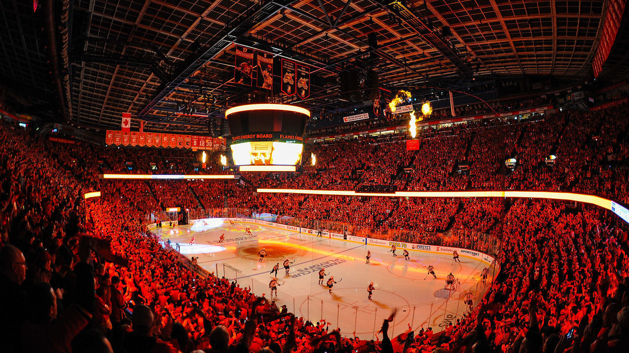CALGARY, AB - APRIL 13: A general view of the interior of the Scotiabank Saddledome prior to Game Two of the Western Conference First Round between the Calgary Flames of the Colorado Avalanche during the 2019 NHL Stanley Cup Playoffs at Scotiabank Saddledome on April 13, 2019 in Calgary, Alberta, Canada.