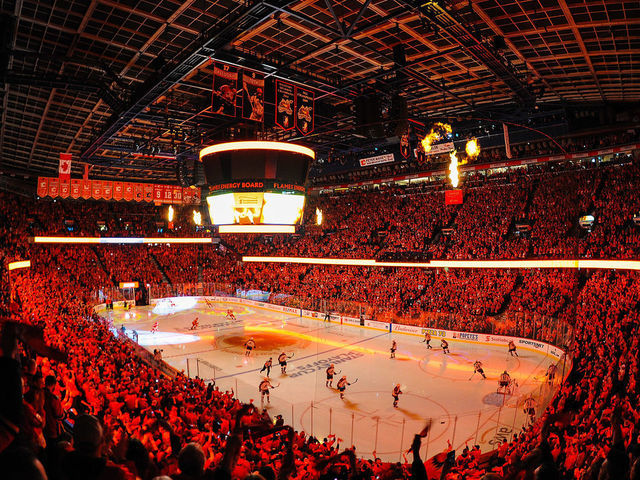 CALGARY, AB - APRIL 13: A general view of the interior of the Scotiabank Saddledome prior to Game Two of the Western Conference First Round between the Calgary Flames of the Colorado Avalanche during the 2019 NHL Stanley Cup Playoffs at Scotiabank Saddledome on April 13, 2019 in Calgary, Alberta, Canada.