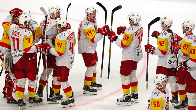 MOSCOW REGION, RUSSIA - FEBRUARY 21, 2020: HC Jokerit Helsinki's players celebrate victory in a 2019/20 Kontinental Hockey League (KHL) Regular Season ice hockey match against HC Avangard Omsk at Yuri Lyapkin Balashikha Arena. Alexander Shcherbak/TASS