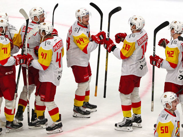 MOSCOW REGION, RUSSIA - FEBRUARY 21, 2020: HC Jokerit Helsinki's players celebrate victory in a 2019/20 Kontinental Hockey League (KHL) Regular Season ice hockey match against HC Avangard Omsk at Yuri Lyapkin Balashikha Arena. Alexander Shcherbak/TASS