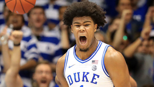 DURHAM, NORTH CAROLINA - FEBRUARY 10: Vernon Carey Jr. #1 of the Duke Blue Devils reacts after a play against the Florida State Seminoles during their game at Cameron Indoor Stadium on February 10, 2020 in Durham, North Carolina.
