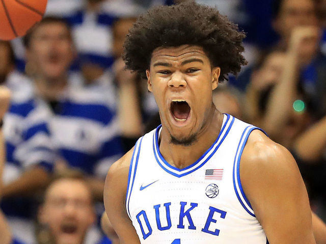 DURHAM, NORTH CAROLINA - FEBRUARY 10: Vernon Carey Jr. #1 of the Duke Blue Devils reacts after a play against the Florida State Seminoles during their game at Cameron Indoor Stadium on February 10, 2020 in Durham, North Carolina.
