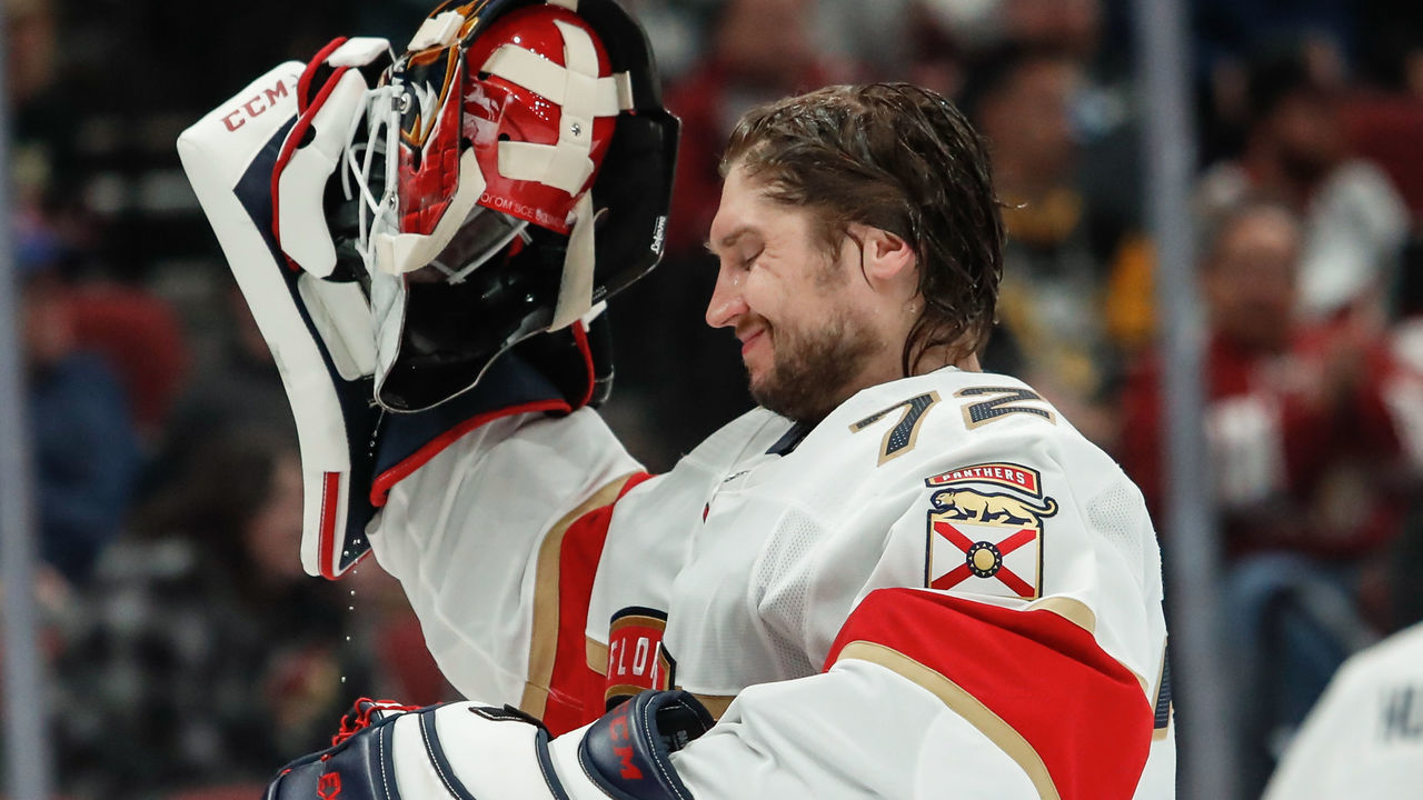 GLENDALE, AZ - FEBRUARY 25: Florida Panthers goaltender Sergei Bobrovsky (72) puts on his helmet before the NHL hockey game between the Florida Panthers and the Arizona Coyotes on February 25, 2020 at Gila River Arena in Glendale, Arizona.
