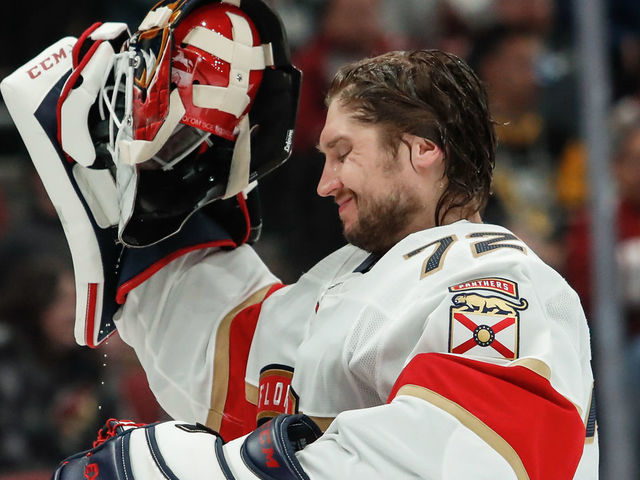 GLENDALE, AZ - FEBRUARY 25: Florida Panthers goaltender Sergei Bobrovsky (72) puts on his helmet before the NHL hockey game between the Florida Panthers and the Arizona Coyotes on February 25, 2020 at Gila River Arena in Glendale, Arizona.
