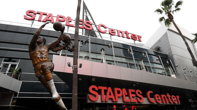 LOS ANGELES, CALIFORNIA - MARCH 12: Exterior of Staples Center after both the NHL and NBA postpone seasons due to corona virus concerns at Staples Center on March 12, 2020 in Los Angeles, California.