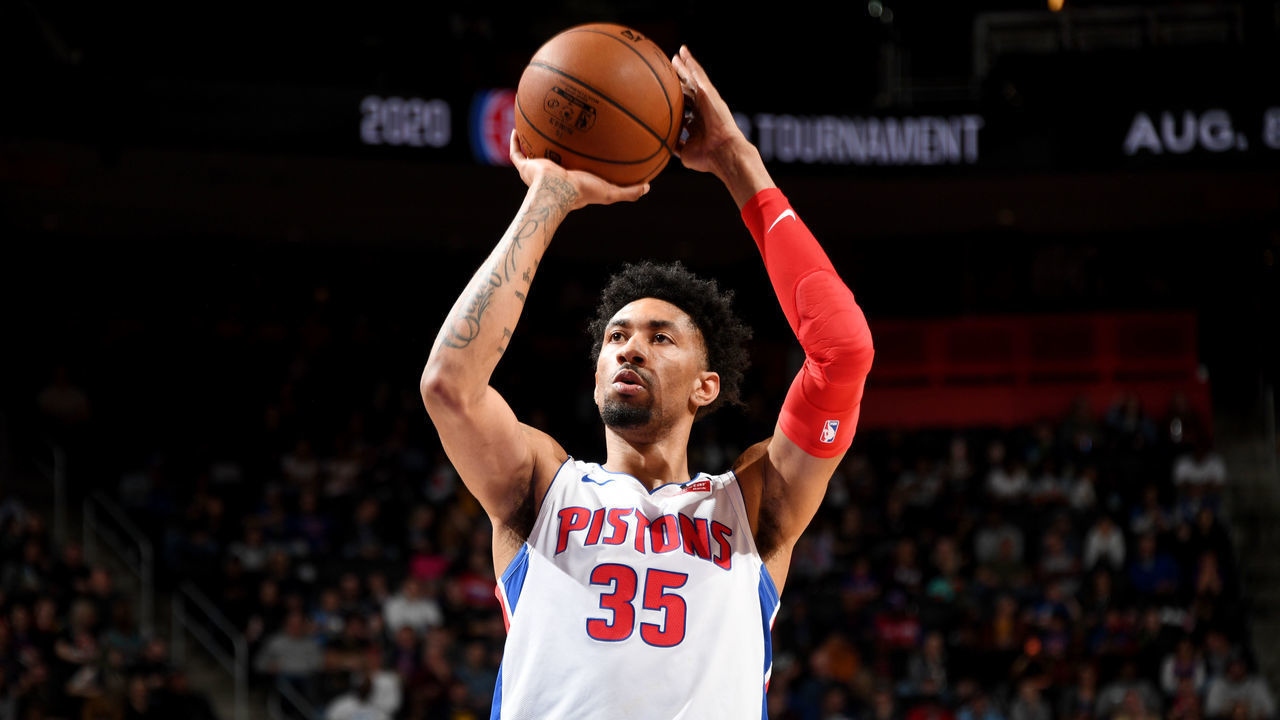 DETROIT, MI - MARCH 7: Christian Wood #35 of the Detroit Pistons shoots a free throw during the game against the Utah Jazz on March 7, 2020 at Little Caesars Arena in Detroit, Michigan. NOTE TO USER: User expressly acknowledges and agrees that, by downloading and/or using this photograph, User is consenting to the terms and conditions of the Getty Images License Agreement. Mandatory Copyright Notice: Copyright 2020 NBAE