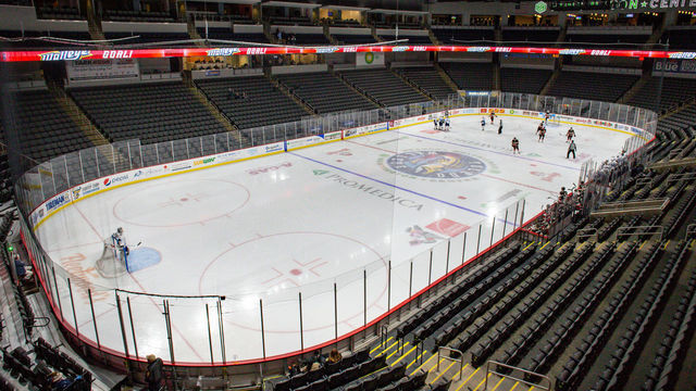 TOLEDO, OH - MARCH 11: The Cincinnati Cyclones and the Toledo Walleye play in an empty arena during a regular season ECHL hockey game on March 11, 2020 at the Huntington Center in Toledo, Ohio. The Toledo Walleye restricted attendance to the game due to the COVID-19 coronavirus outbreak.