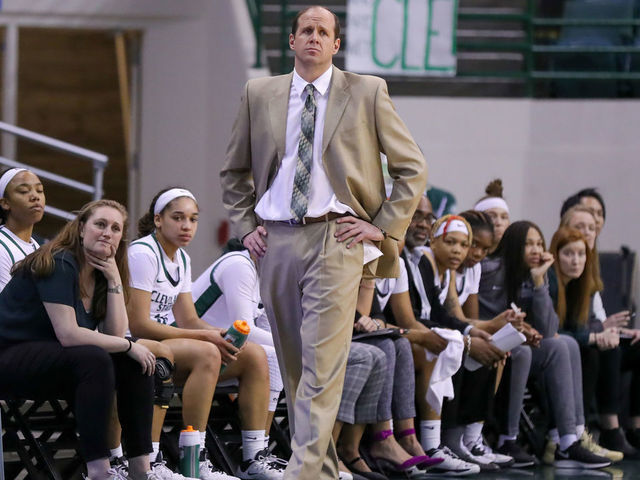 CLEVELAND, OH - JANUARY 26: Cleveland State Vikings head coach Chris Kielsmeier on the sideline during the fourth quarter of the women's college basketball game between the Green Bay Phoenix and Cleveland State Vikings on January 26, 2020, at the Wolstein Center in Cleveland, OH.