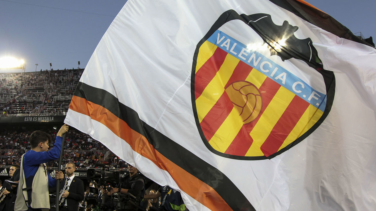 Valencia's flag before Spanish La Liga match between Valencia CF vs Levante UD at Mestalla Stadium on April 14, 2019.