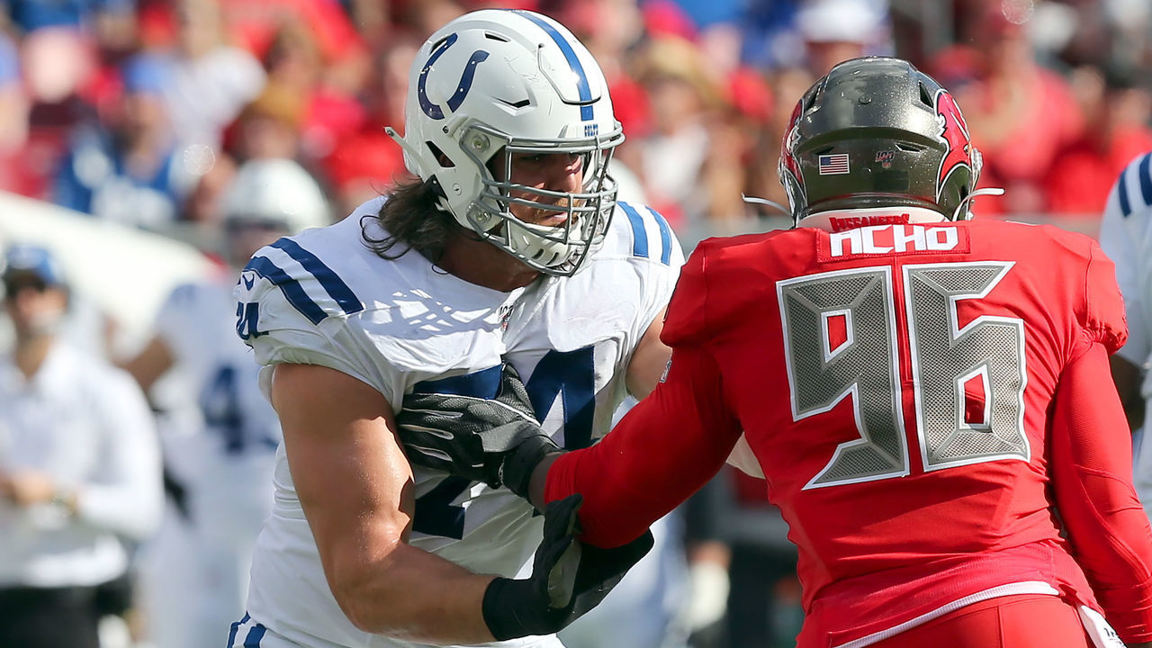 TAMPA, FL - DEC 08: Anthony Castonzo (74) of the Colts blocks Samuel Acho (96) of the Bucs during the regular season game between the Indianapolis Colts and the Tampa Bay Buccaneers on December 08, 2019 at Raymond James Stadium in Tampa, Florida.