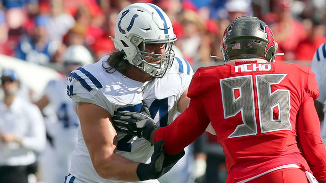 TAMPA, FL - DEC 08: Anthony Castonzo (74) of the Colts blocks Samuel Acho (96) of the Bucs during the regular season game between the Indianapolis Colts and the Tampa Bay Buccaneers on December 08, 2019 at Raymond James Stadium in Tampa, Florida.