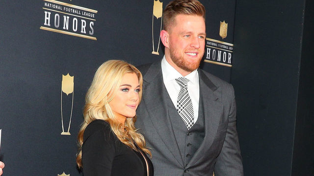 MINNEAPOLIS, MN - FEBRUARY 03: JJ Watt and girlfriend Kealia Ohai pose for Photographs on the Red Carpet at NFL Honors during Super Bowl LII week on February 3, 2018, at Northrop at the University of Minnesota in Minneapolis, MN.