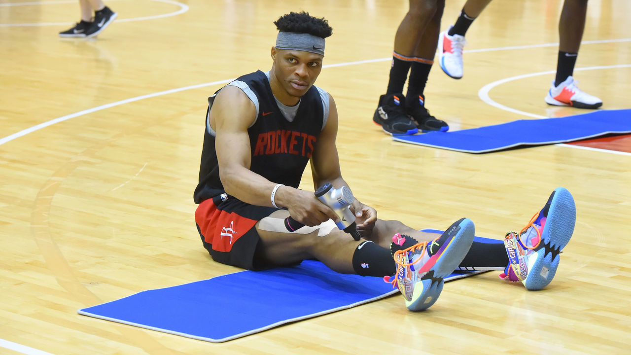 TOKYO, JAPAN - OCTOBER 9: Russell Wesbrook of the Houston Rockets works out during practice as part of the 2019 NBA Japan Games at a training facility on October 9, 2019 in Tokyo, Japan. NOTE TO USER: User expressly acknowledges and agrees that, by downloading and/or using this Photograph, user is consenting to the terms and conditions of the Getty Images License Agreement. Mandatory Copyright Notice: Copyright 2019 NBAE