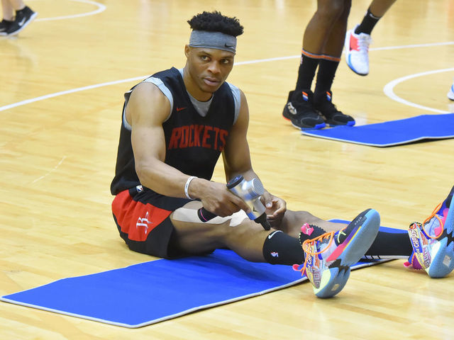 TOKYO, JAPAN - OCTOBER 9: Russell Wesbrook of the Houston Rockets works out during practice as part of the 2019 NBA Japan Games at a training facility on October 9, 2019 in Tokyo, Japan. NOTE TO USER: User expressly acknowledges and agrees that, by downloading and/or using this Photograph, user is consenting to the terms and conditions of the Getty Images License Agreement. Mandatory Copyright Notice: Copyright 2019 NBAE