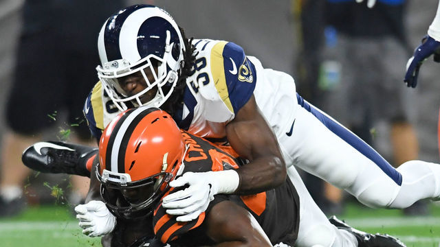 CLEVELAND, OH - SEPTEMBER 22, 2019: Running back Nick Chubb #24 of the Cleveland Browns is tackled by inside linebacker Cory Littleton #58 of the Los Angeles Rams in the second quarter of a game on September 22, 2019 at FirstEnergy Stadium in Cleveland, Ohio. Los Angeles won 20-13. (Photo by: 2019 Nick Cammett/Diamond Images via Getty Images)