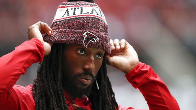 ATLANTA, GA - OCTOBER 20: Desmond Trufant #21 of the Atlanta Falcons walks on the sideline out of uniform in the second half of an NFL game against the Los Angeles Rams at Mercedes-Benz Stadium on October 20, 2019 in Atlanta, Georgia.