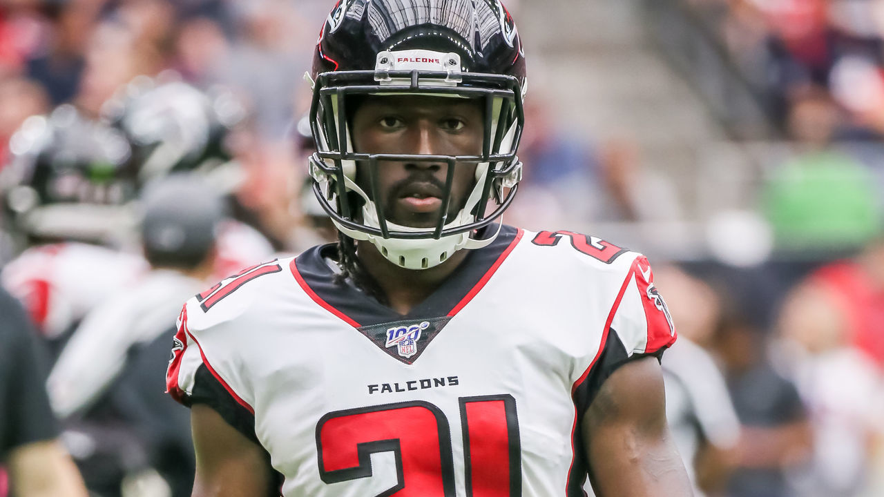 HOUSTON, TX - OCTOBER 06: Atlanta Falcons cornerback Desmond Trufant (21) waits for play to begin in the third quarter during the NFL football game between the Atlanta Falcons and Houston Texans on October 6, 2019 at NRG Stadium in Houston, Texas.