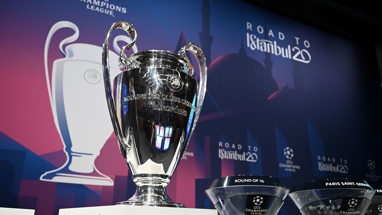The UEFA Champions League football trophy is pictured prior to the cup's round of 16 draw ceremony on December 16, 2019 in Nyon.