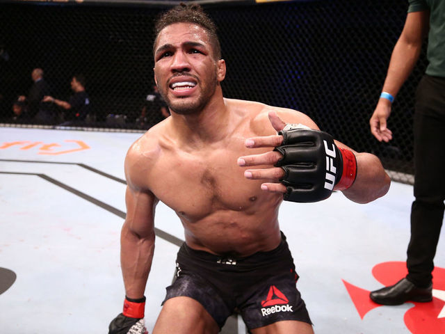 BRASILIA, BRAZIL - MARCH 14: Kevin Lee reacts after his submission loss to Charles Oliveira of Brazil in their lightweight fight during the UFC Fight Night event on March 14, 2020 in Brasilia, Brazil.