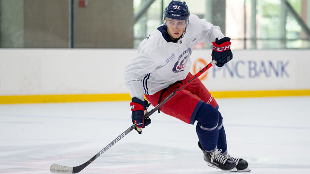 COLUMBUS, OH - JUNE 27: Austin Rueschhoff #97 in action during the 2019 Columbus Blue Jackets development camp on June 27, 2019 at OhioHealth Ice Haus in Columbus, OH.
