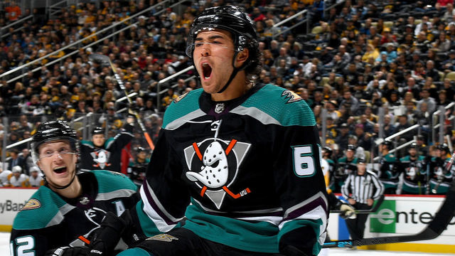 PITTSBURGH, PA - DECEMBER 17: Kiefer Sherwood #64 of the Anaheim Ducks celebrate his second period goal against the Pittsburgh Penguins at PPG Paints Arena on December 17, 2018 in Pittsburgh, Pennsylvania.