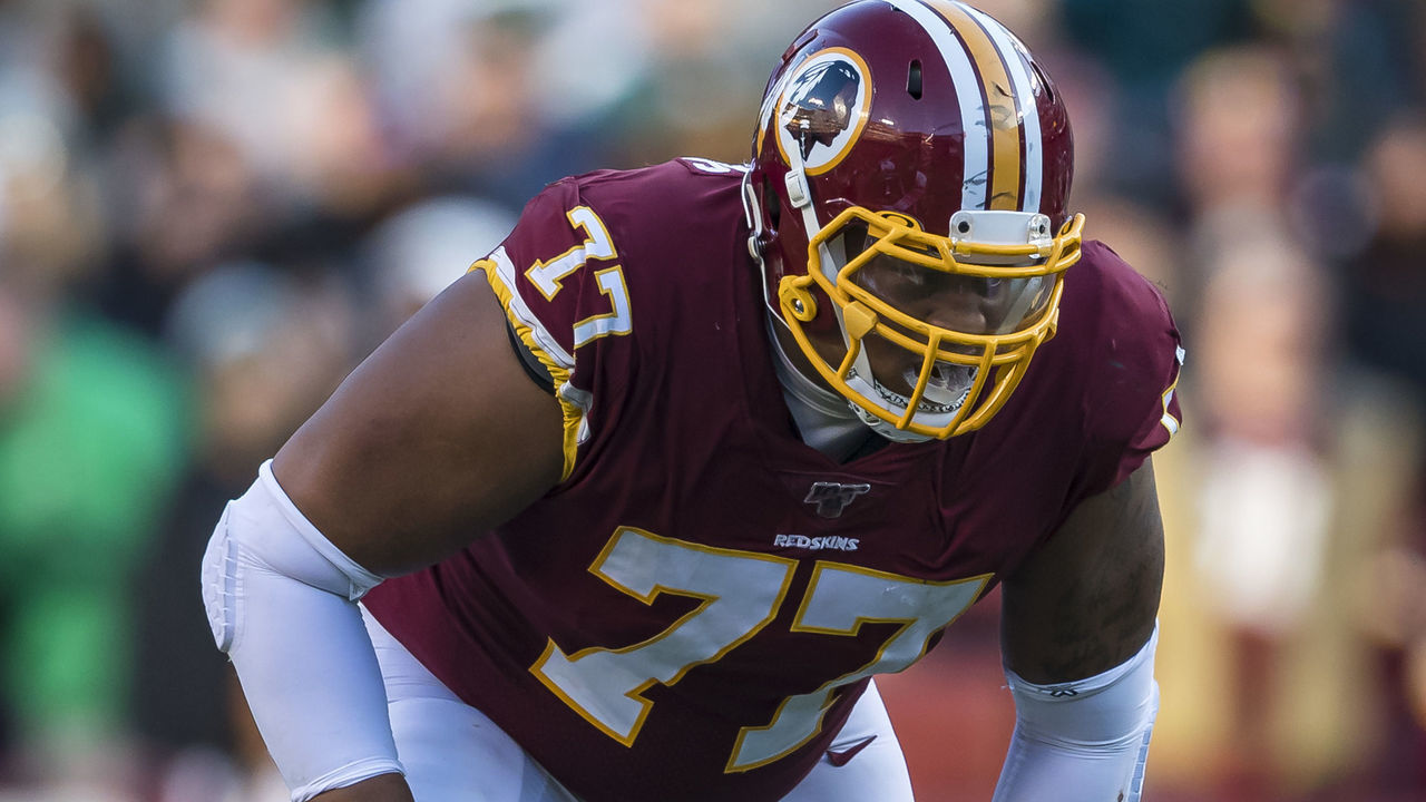 LANDOVER, MD - DECEMBER 15: Ereck Flowers #77 of the Washington Redskins lines up against the Philadelphia Eagles during the second half at FedExField on December 15, 2019 in Landover, Maryland.