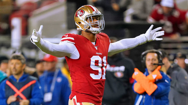 SANTA CLARA, CALIFORNIA - DECEMBER 21: Arik Armstead #91 of the San Francisco 49ers celebrates after making a tackle against the Los Angeles Rams during the first half of an NFL football game at Levi's Stadium on December 21, 2019 in Santa Clara, California.