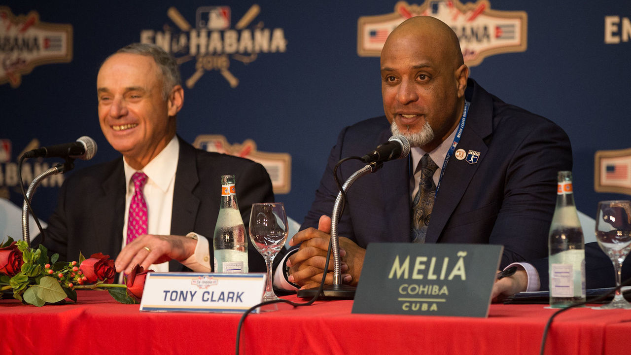 HAVANA - MARCH 21: Major League Baseball Commissioner Robert D. Manfred Jr. and Major League Baseball Players Association Executive Director Tony Clark are seen during a press conference on Monday, March 21, 2016 at Melia Cohiba Hotel in Havana, Cuba.