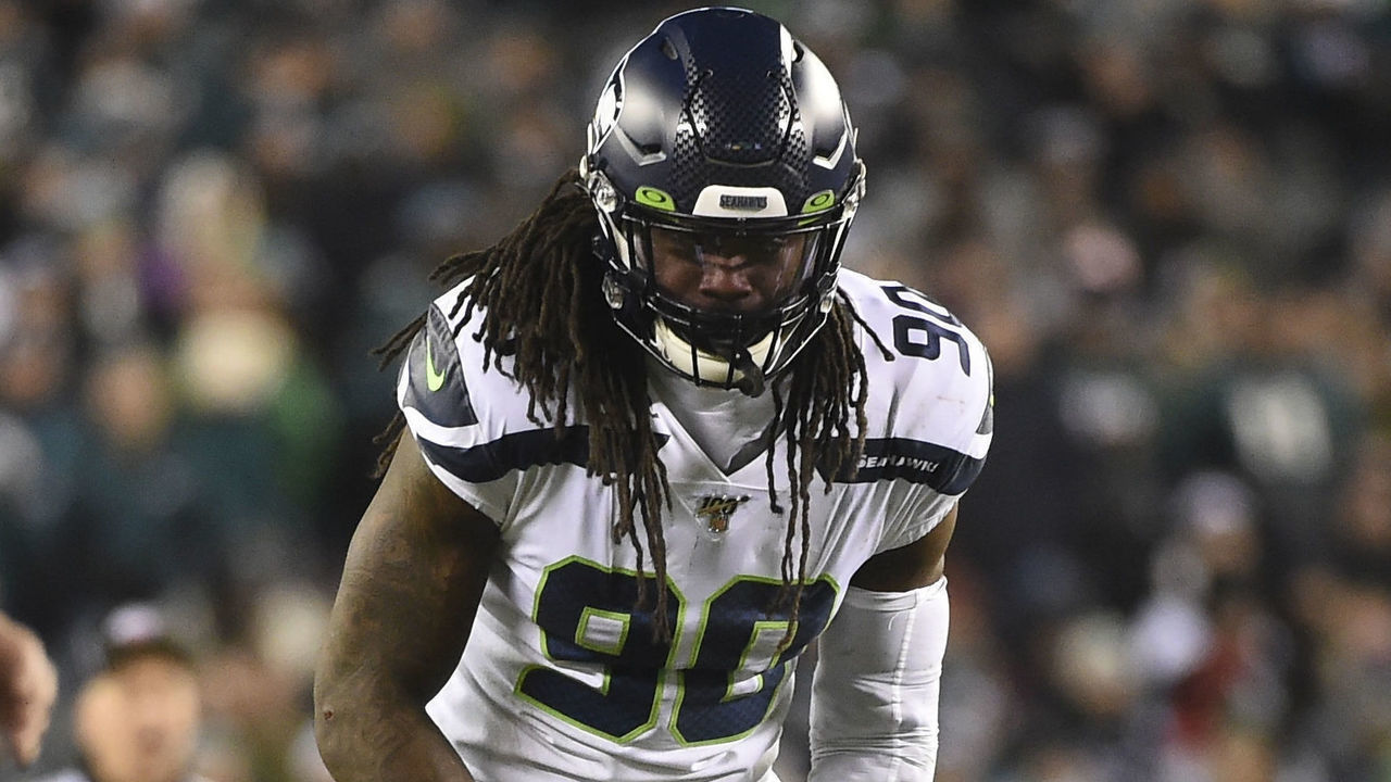PHILADELPHIA, PA - JANUARY 05: Seattle Seahawks defensive end Jadeveon Clowney (90) celebrates during the Playoff game between the Seattle Seahawks and the Philadelphia Eagles on January 5, 2020, at Lincoln Financial Filed in Philadelphia, PA.