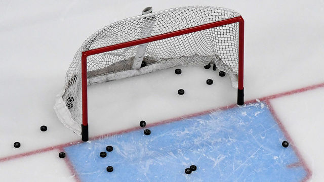 LAS VEGAS, NEVADA - MARCH 01: Pucks are shown in and around a net during warmups before a game between the Los Angeles Kings and the Vegas Golden Knights at T-Mobile Arena on March 1, 2020 in Las Vegas, Nevada.
