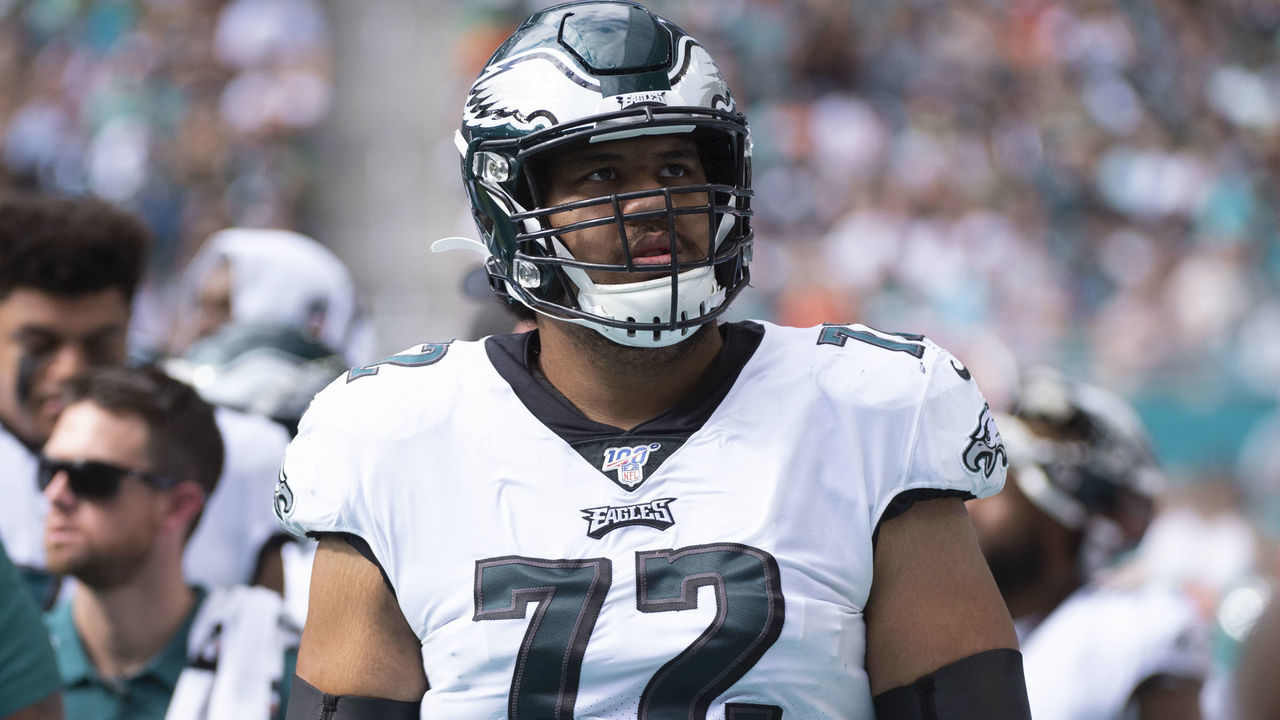 MIAMI GARDENS, FL - DECEMBER 01: Philadelphia Eagles Offensive Guard Halapoulivaati Vaitai (72) on the sidelines during the NFL game between the Philadelphia Eagles and the Miami Dolphins at the Hard Rock Stadium in Miami Gardens, Florida on December 1, 2019.