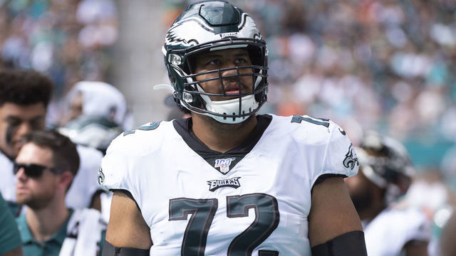 MIAMI GARDENS, FL - DECEMBER 01: Philadelphia Eagles Offensive Guard Halapoulivaati Vaitai (72) on the sidelines during the NFL game between the Philadelphia Eagles and the Miami Dolphins at the Hard Rock Stadium in Miami Gardens, Florida on December 1, 2019.