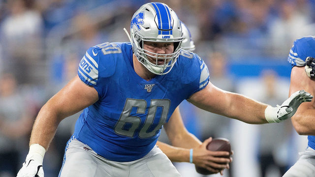 DETROIT, MI - SEPTEMBER 15: Graham Glasgow #60 of the Detroit Lions drops back to block during the third quarter of the game against the Los Angeles Chargers at Ford Field on September 15, 2019 in Detroit, Michigan. Detroit defeated Los Angeles 13-10.