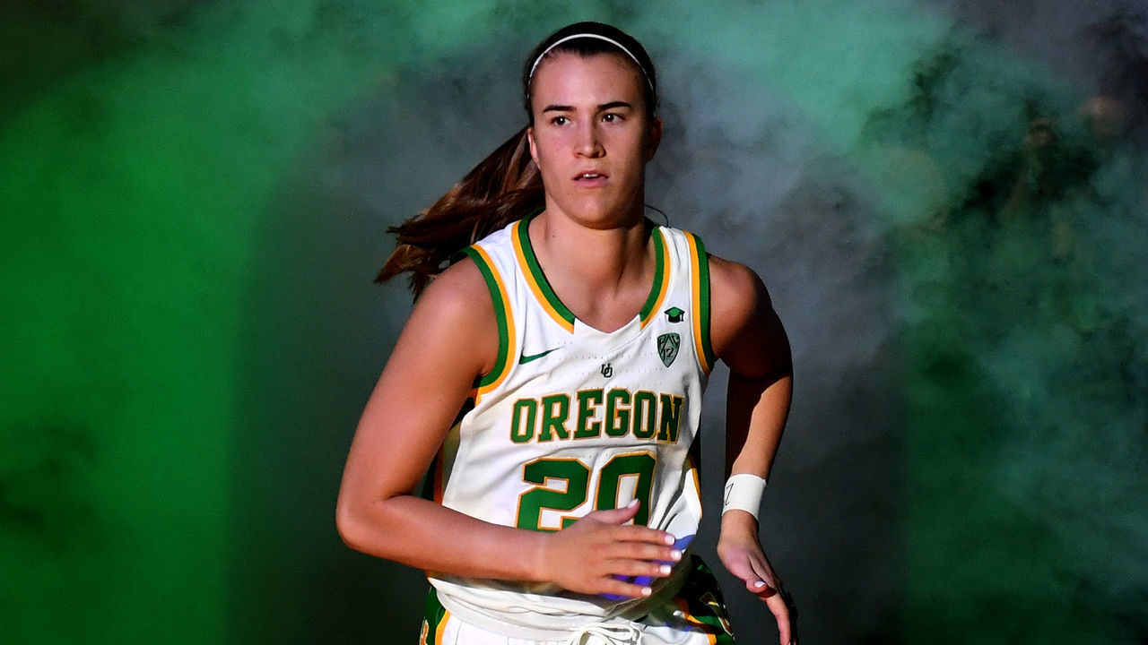 LAS VEGAS, NEVADA - MARCH 08: Sabrina Ionescu #20 of the Oregon Ducks is introduced before the championship game of the Pac-12 Conference women's basketball tournament against the Stanford Cardinal at the Mandalay Bay Events Center on March 8, 2020 in Las Vegas, Nevada. The Ducks defeated the Cardinal 89-56.