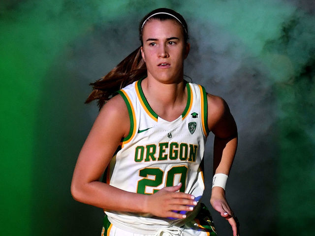 LAS VEGAS, NEVADA - MARCH 08: Sabrina Ionescu #20 of the Oregon Ducks is introduced before the championship game of the Pac-12 Conference women's basketball tournament against the Stanford Cardinal at the Mandalay Bay Events Center on March 8, 2020 in Las Vegas, Nevada. The Ducks defeated the Cardinal 89-56.