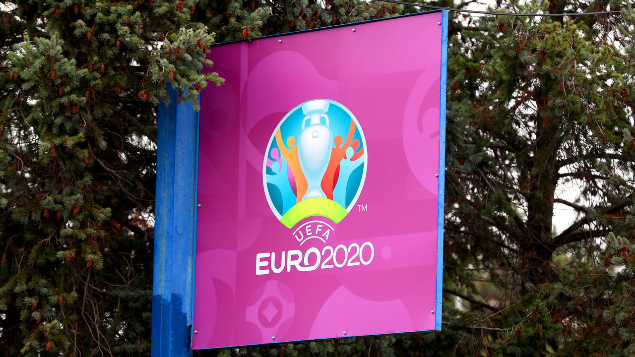 A general view of Euro 2020 signage at the Romexpo Exhibition Centre, Bucharest.