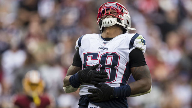 LANDOVER, MD - OCTOBER 06: Jamie Collins #58 of the New England Patriots celebrates after causing Colt McCoy #12 of the Washington Redskins (not pictured) to fumble the ball during the second half at FedExField on October 6, 2019 in Landover, Maryland.
