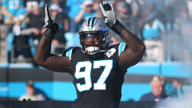 CHARLOTTE, NC - DECEMBER 15: Carolina Panthers linebacker Mario Addison (97) walks out during the 1st half of the Carolina Panthers versus the Seattle Seahawks on December 15, 2019, at Bank of America Stadium in Charlotte, NC.