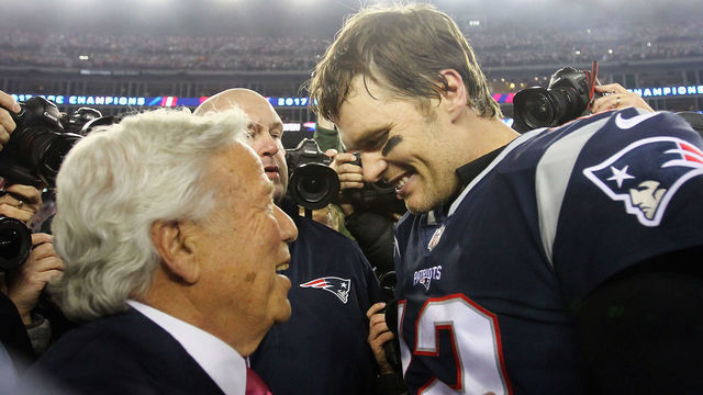 FOXBOROUGH, MA - JANUARY 21: Tom Brady #12 of the New England Patriots celebrates with owner Robert Kraft after winning the AFC Championship Game against the Jacksonville Jaguars at Gillette Stadium on January 21, 2018 in Foxborough, Massachusetts.