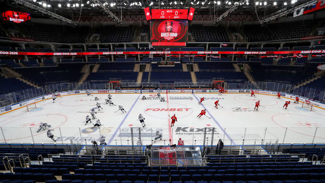 MOSCOW, RUSSIA - MARCH 12, 2020: Empty stands of CSKA Arena ahead of Leg 6 of the 2019/20 KHL Western Conference quarterfinal playoff tie between HC Spartak Moscow and HC Dynamo Moscow. The match is played with empty stands due to the COVID-19 coronavirus outbreak. According to a decree by Moscow Mayor Sergei Sobyanin public events with over 5 thousand participants are banned in Moscow due to the coronavirus threat till April 10, 2020. Anton Novoderezhkin/TASS